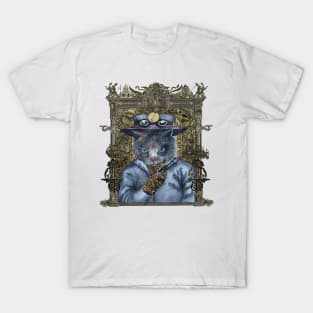 Cat in Blue Leather Jacket with Magical Bracelet in Steampunk Frame T-Shirt